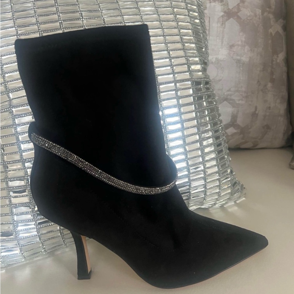 Nine West Black Pointed-Toe Ankle Boots with Rhinestone Chain